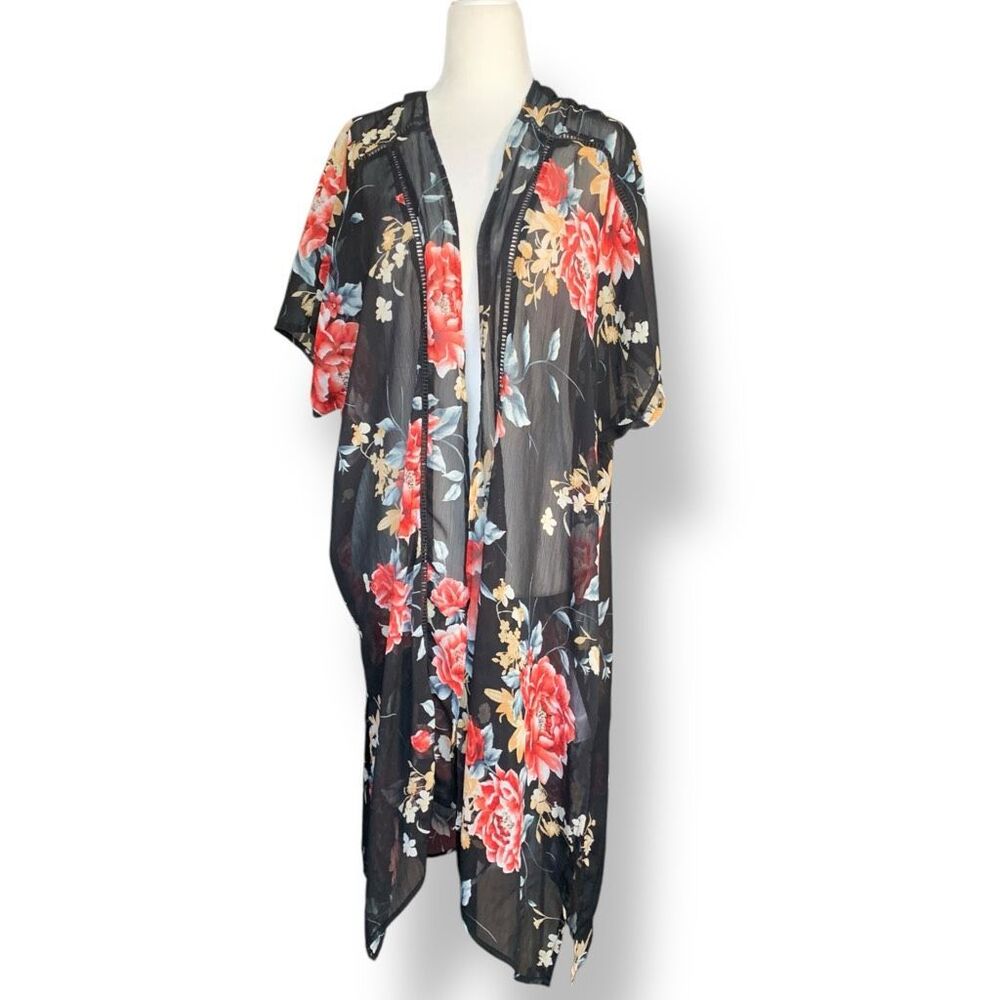 Band of Gypsies Black Sheer‎ Red Floral Kimono Duster Swim Cover Up Short Sleeve